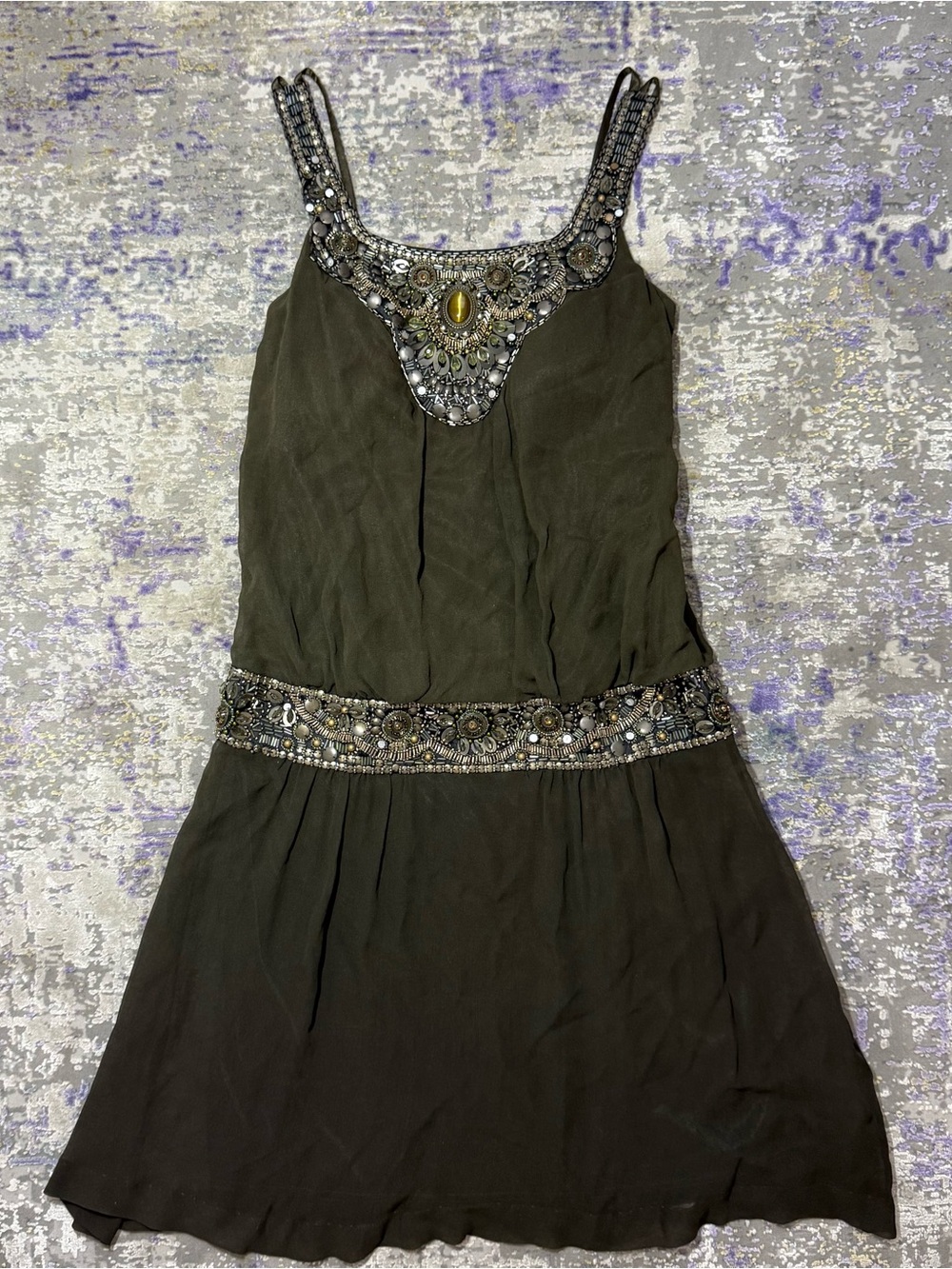 2000s Sue Wong Nocturne Beaded Silk Boho Dress